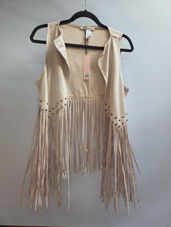 BCBGeneration Sweaters - BCBGeneration Fringe Vest Women  Cream Cotton Country Studded Bohemian Hippie OS